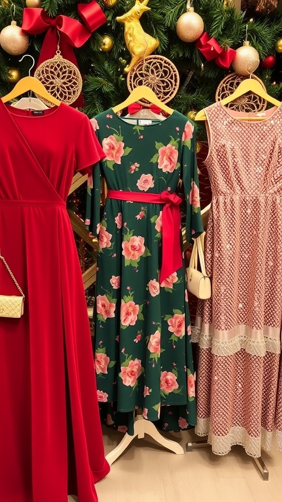 Chic Christmas Aesthetic Dress Ideas A selection of Christmas dresses in red, green, and sparkly styles displayed with holiday decorations.